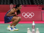 Pusarla V. Sindhu celebrates after winning against Japan's Akane Yamaguchi during their women's singles badminton quarterfinal match at the 2020 Summer Olympics,.