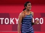 India's PV Sindhu celebrates a point against Japan's Akane Yamaguchi during their women's singles badminton quarterfinal match at Tokyo Olympics 2020(AP) India's PV Sindhu celebrates a point against Japan's Akane Yamaguchi during their women's singles badminton quarterfinal match at Tokyo Olympics 2020(AP)