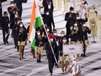 The Tokyo 2020 Olympics opening ceremony: Country No.21, India, were led out by Manpreet Singh and MC Mary Kom.(TWITTER) The Tokyo 2020 Olympics opening ceremony: Country No.21, India, were led out by Manpreet Singh and MC Mary Kom.(TWITTER)