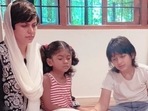 Mandira Bedi with her children Vir and Tara at the puja. Mandira Bedi with her children Vir and Tara at the puja.