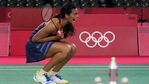 Pusarla V. Sindhu celebrates after winning against Japan's Akane Yamaguchi during their women's singles badminton quarterfinal match at the 2020 Summer Olympics,.(AP) Pusarla V. Sindhu celebrates after winning against Japan's Akane Yamaguchi during their women's singles badminton quarterfinal match at the 2020 Summer Olympics,.(AP)