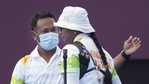 India's Deepika Kumari with coach Dharmendra Tiwary after winning in the women's individual 1/8 eliminations round of the archery event, at the Summer Olympics 2020.(PTI) India's Deepika Kumari with coach Dharmendra Tiwary after winning in the women's individual 1/8 eliminations round of the archery event, at the Summer Olympics 2020.(PTI)