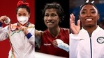 From Left: Mirabai Chanu, Lovlina Borgohain and Simone Biles. (Getty Images) From Left: Mirabai Chanu, Lovlina Borgohain and Simone Biles. (Getty Images)
