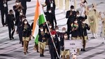 The Tokyo 2020 Olympics opening ceremony: Country No.21, India, were led out by Manpreet Singh and MC Mary Kom.(TWITTER) The Tokyo 2020 Olympics opening ceremony: Country No.21, India, were led out by Manpreet Singh and MC Mary Kom.(TWITTER)