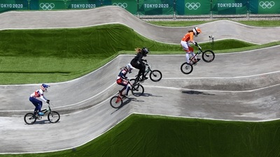 Natalia Afremova of the Russian Olympic Committee, Alise Willoughby of the United States, Rebecca Petch of New Zealand and Judy Baauw of the Netherlands in action during the BMX Racing Women's Individual Quarterfinal at Ariake Urban Sports Park, Tokyo on July 29. (Matthew Childs / REUTERS) Natalia Afremova of the Russian Olympic Committee, Alise Willoughby of the United States, Rebecca Petch of New Zealand and Judy Baauw of the Netherlands in action during the BMX Racing Women's Individual Quarterfinal at Ariake Urban Sports Park, Tokyo on July 29. (Matthew Childs / REUTERS)