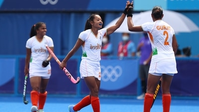 Tokyo 2020 Olympics - Hockey - Women's Pool A - Ireland v India - Oi Hockey Stadium, Tokyo, Japan - July 30, 2021. Sushila Chanu Pukhrambam of India and Gurjit Kaur of India celebrate their goal. (REUTERS)