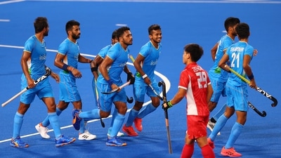 Harmanpreet Singh of India celebrates with teammates after scoring (REUTERS)
