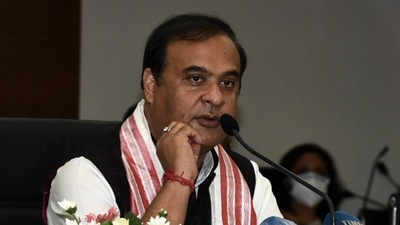 Assam Chief Minister Dr. Himanta Biswa Sarma addressing a press conference in Guwahati. (ANI Photo)