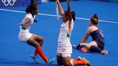 India forward Vandana Katariya, left, runs to embrace forward Rani after their team scored against Ireland during a women's field hockey match at the 2020 Summer Olympics on July 30 in Tokyo, Japan. (AP / PTI) India forward Vandana Katariya, left, runs to embrace forward Rani after their team scored against Ireland during a women's field hockey match at the 2020 Summer Olympics on July 30 in Tokyo, Japan. (AP / PTI)