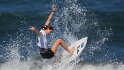 Bianca Buitendag of South Africa in action during Heat 1 of the Women's Shortboard competition at Tsurigasaki Surfing Beach, in Tokyo on July 25. (Lisi Niesner / REUTERS) Bianca Buitendag of South Africa in action during Heat 1 of the Women's Shortboard competition at Tsurigasaki Surfing Beach, in Tokyo on July 25. (Lisi Niesner / REUTERS)