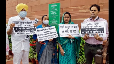 Shiromani Akali Dal leader Harsimrat Kaur Badal with Congress MPJasbir Singh Gill and others holding placards in support of the farmers’ protest at Parliament House in New Delhi on Friday. (ANI)