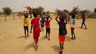 Children carry wood that was collected for cooking, as they walk past a newly built Tolou Keur garden in Boki Diawe, within the Great Green Wall area, in Matam region, Senegal, on July 10. The gardens are partly a response to the Covid-19 pandemic. Senegal shut its borders early last year to try to curb the spread of the coronavirus, cutting imports and exposing rural communities' dependence on foreign food and medicines. (Zohra Bensemra / REUTERS) Children carry wood that was collected for cooking, as they walk past a newly built Tolou Keur garden in Boki Diawe, within the Great Green Wall area, in Matam region, Senegal, on July 10. The gardens are partly a response to the Covid-19 pandemic. Senegal shut its borders early last year to try to curb the spread of the coronavirus, cutting imports and exposing rural communities' dependence on foreign food and medicines. (Zohra Bensemra / REUTERS)