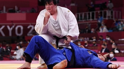 Iryna Kindzerska of Azerbaijan reacts after scoring an ippon against Han Mijin of South Korea in the Women's +78kg Quarterfinal at the Nippon Budokan in Tokyo on July 30. (Annegret Hilse / REUTERS) Iryna Kindzerska of Azerbaijan reacts after scoring an ippon against Han Mijin of South Korea in the Women's +78kg Quarterfinal at the Nippon Budokan in Tokyo on July 30. (Annegret Hilse / REUTERS)