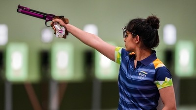 India's Manu Bhaker during the 10m Range Air Pistol Mixed Team at Tokyo Olympics (PTI) India's Manu Bhaker during the 10m Range Air Pistol Mixed Team at Tokyo Olympics (PTI)