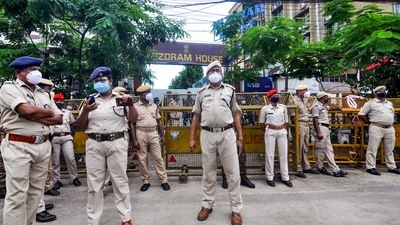 Assam security personnel stand vigil outside the Mizoram House in Guwahati. (PTI)