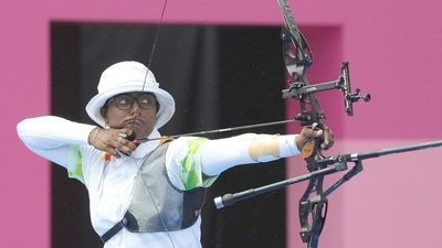 India's Deepika Kumari competes in the women's individual 1/8 eliminations round of the archery event, at the Summer Olympics 2020, in Tokyo. (PTI) India's Deepika Kumari competes in the women's individual 1/8 eliminations round of the archery event, at the Summer Olympics 2020, in Tokyo. (PTI)