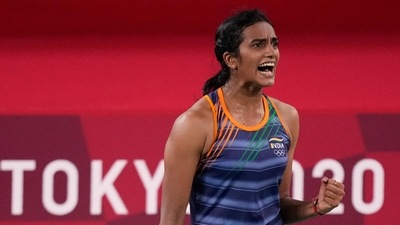 India's PV Sindhu celebrates a point against Japan's Akane Yamaguchi during their women's singles badminton quarterfinal match at Tokyo Olympics 2020 (AP) India's PV Sindhu celebrates a point against Japan's Akane Yamaguchi during their women's singles badminton quarterfinal match at Tokyo Olympics 2020 (AP)