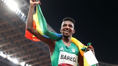 Selemon Barega won the first track and field gold medal of the Tokyo Olympics on Friday and claimed the 10,000-meter title back for Ethiopia after nearly a decade of dominance by Mo Farah. (Getty Images) Selemon Barega won the first track and field gold medal of the Tokyo Olympics on Friday and claimed the 10,000-meter title back for Ethiopia after nearly a decade of dominance by Mo Farah. (Getty Images)