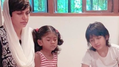 Mandira Bedi with her children Vir and Tara at the puja.