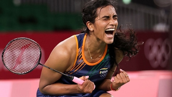 PV Sindhu celebrates her win over Japan's Akane Yamaguchi. Sindhu beat the World No. 5 in straight games 21-13, 22-20 to enter her second consecutive Olympics semifinals. (Getty Images)