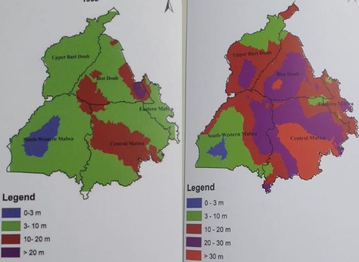 The groundwater level in Punjab in 1998 and (right) in 2018 indicates the sharp fall due to dependence on tubewells instead of canals for irrigation. The depletion in the entire state is evident barring Muktsar due to brackish water. (HT Photo)