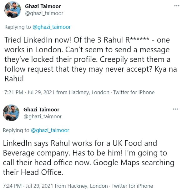 Ghazi Taimoor shared details of his search for Rahul on Twitter. Ghazi Taimoor shared details of his search for Rahul on Twitter.