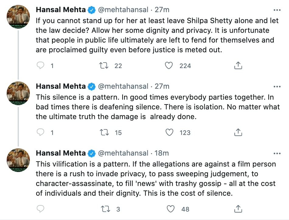 Hansal Mehta's tweets about Shilpa Shetty.