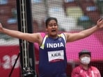 Tokyo: Kamalpreet Kaur, of India, reacts after her thrown during the qualification round of the women's discus throw at the 2020 Summer Olympics, Saturday, July 31, 2021, in Tokyo. AP/PTI Photo(AP07_31_2021_000027B)(AP)