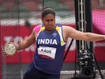 Kamalpreet Kaur, of India, competes during the qualification round of the women's discus throw at the 2020 Summer Olympics, Saturday.