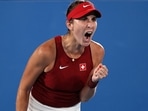 Belinda Bencic of Team Switzerland celebrates after a point. 