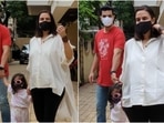 Today, Neha Dhupia was snapped with her daughter Mehr Dhupia Bedi and her husband Angad Bedi in Bandra, Mumbai. Neha, pregnant with her second child, aced monochrome maternity fashion with her laidback look for the outing.