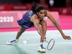 PV Sindhu attempts to pick up a forehand smash. 