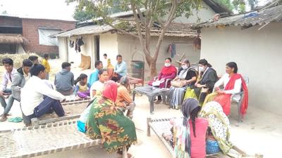 Health workers during a Covid awareness camp and vaccination drive in the Tharu dominated areas of Palia block in Lakhimpur Kheri in UP. (HT Photo) Health workers during a Covid awareness camp and vaccination drive in the Tharu dominated areas of Palia block in Lakhimpur Kheri in UP. (HT Photo)