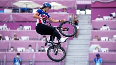Perris Benegas of the United States competes in the women's BMX Freestyle seeding at the 2020 Summer Olympics, Saturday, July 31, 2021, in Tokyo, Japan. (AP Photo/Ben Curtis) (AP)