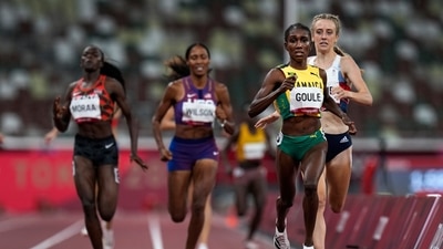 Natoya Goule, of Jamaica, front, wins a semifinal in the women's 800-meter run at the 2020 Summer Olympics, Saturday, July 31, 2021, in Tokyo. (AP Photo/Petr David Josek) (AP)