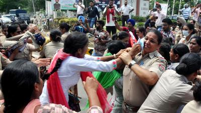 Members of the Unemployed Teachers Sanjha Morcha (Punjab) clash with police during a protest near the residence of Punjab chief minister Capt Amarinder Singh in Patiala on Saturday. (ANI)