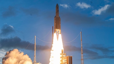 Eutelsat Quantum, the first commercial fully flexible software-defined satellite in the world, lifts off into space. (Photo via @esa on Twitter) Eutelsat Quantum, the first commercial fully flexible software-defined satellite in the world, lifts off into space. (Photo via @esa on Twitter)