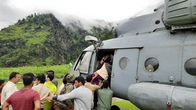 Indian Air Force (IAF) rescued 74 stranded personnel from different parts of Kishtwar including five critically injured patients on Friday. (Photo via ANI)