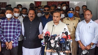 Assam chief minister Himanta Biswa Sarma interacts with media after visiting the police personnel injured in a clash at Assam-Mizoram border, at Silchar Medical College &amp; Hospital. (PTI Photo)