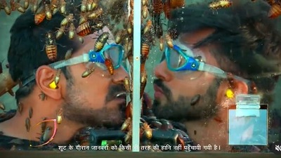 Rahul Vaidya and Abhinav Shukla during a Khatron Ke Khiladi 11 stunt.