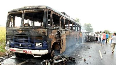A burning police vehicle during a protest at Behbal Kalan Village in Kotkapura on October 14, 2015. (HT file)