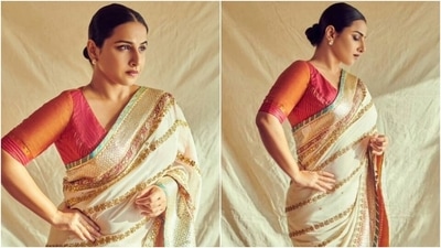 Vidya Balan's embroidered white saree with pink blouse is a must-have: All pics (Instagram/@sangeetakilachandofficial) Vidya Balan's embroidered white saree with pink blouse is a must-have: All pics (Instagram/@sangeetakilachandofficial)