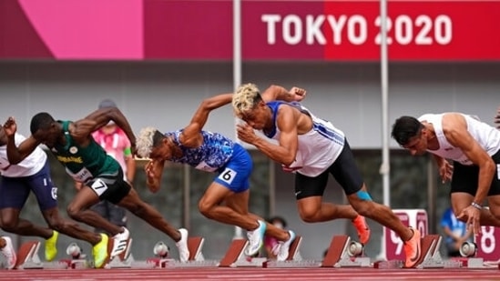 Competitors start in their heat of the men's 100-meters at the 2020 Summer Olympics, Saturday, July 31, 2021, in Tokyo. (AP Photo/David J. Phillip)(AP)