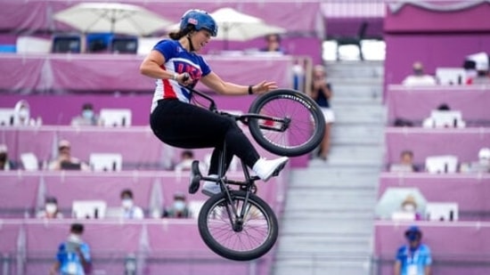Perris Benegas of the United States competes in the women's BMX Freestyle seeding at the 2020 Summer Olympics, Saturday, July 31, 2021, in Tokyo, Japan. (AP Photo/Ben Curtis)(AP)