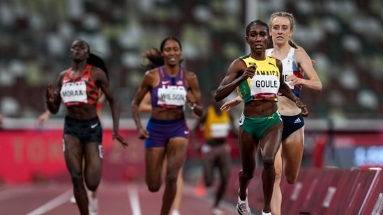 Natoya Goule, of Jamaica, front, wins a semifinal in the women's 800-meter run at the 2020 Summer Olympics, Saturday, July 31, 2021, in Tokyo. (AP Photo/Petr David Josek)(AP)