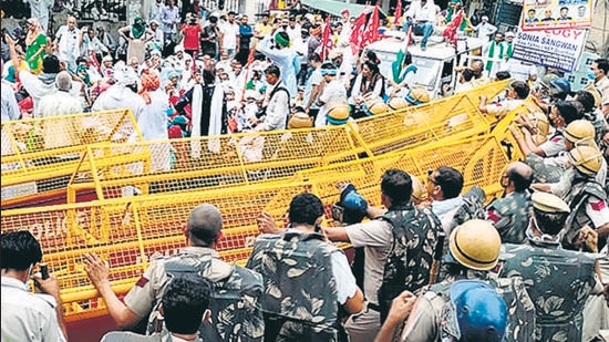 Farmers protesting the three new laws in Rohtak on July 13. (Manoj Dhaka/HT Photo) Farmers protesting the three new laws in Rohtak on July 13. (Manoj Dhaka/HT Photo)