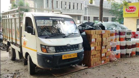 The stolen items in policy custody in Ludhiana on Saturday. (HT Photo)