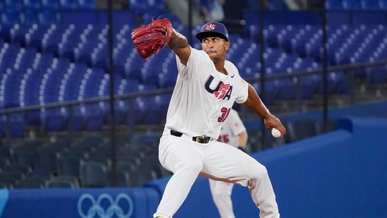 United States' Anthony Gose pitches during the seventh inning of a baseball game against South Korea at the 2020 Summer Olympics, Saturday, July 31, 2021, in Yokohama, Japan. (AP Photo/Sue Ogrocki)(AP)
