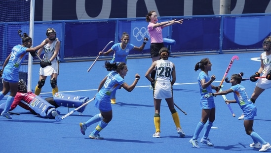 Tokyo: Indian women hockey players celebrate after scoring a goal against South Africa during a women's field hockey match at the 2020 Summer Olympics, Saturday, July 31, 2021, in Tokyo. (PTI Photo/Gurinder Osan)(PTI07_31_2021_000046B)(PTI)