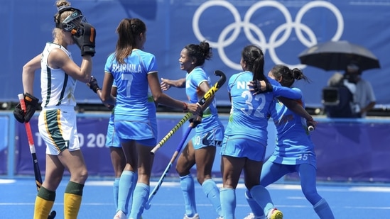 Tokyo: India's Vandana Katariya celebrates after scoring her hat-trick goal against South Africa during a women's field hockey match at the 2020 Summer Olympics, Friday, Saturday, July 31, in Tokyo. (PTI Photo/Gurinder Osan)(PTI07_31_2021_000056A)(PTI)